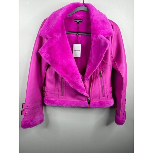 Generation Love Dion Faux Fur Shearling Moto Jacket in Hot Pink Size XS NWT $395 - Picture 5 of 7